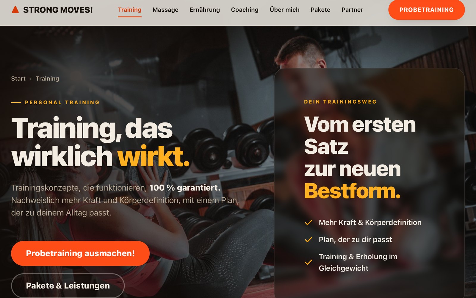 Training-Seite von strong-moves.de mit kuratierten Bildern